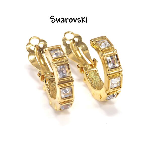 Swarovski Swan Logo Clip Earrings Gold Plated Square Crystal Rhinestone Vintage - Picture 1 of 10
